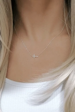 Fektetett kereszt ezüst nyaklánc cirkóniakövekkel – 925 sterling ezüst ékszer
