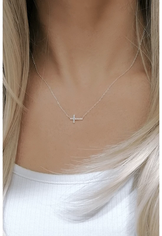 Fektetett kereszt ezüst nyaklánc cirkóniakövekkel – 925 sterling ezüst ékszer