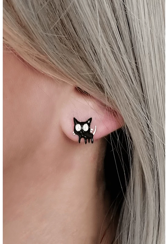 Midnight Kitty – Fekete cicás 925 ezüst rosegold fülbevaló